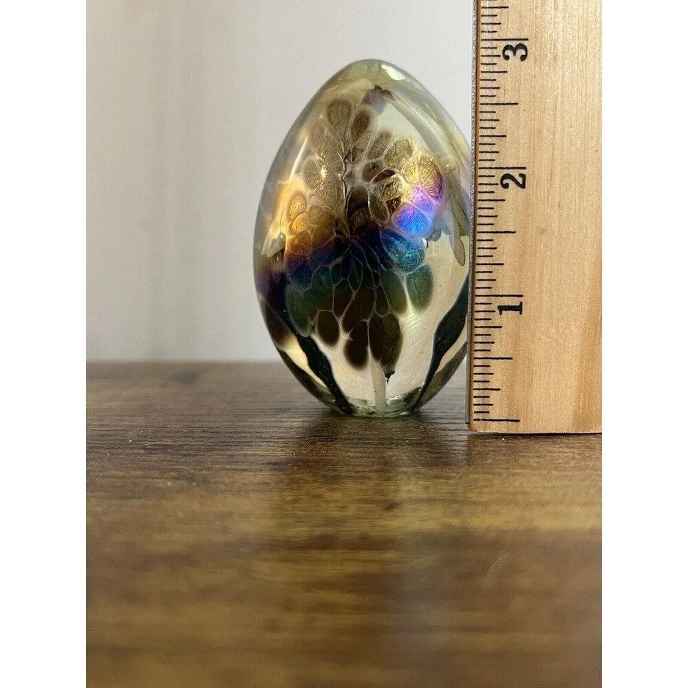 Vintage Metallic Multi Colored Swirl Egg Paperweight White Trumpet Flower